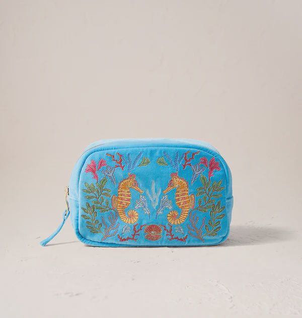 Coral Seahorse Mediterranean Blue Velvet Make up Bag