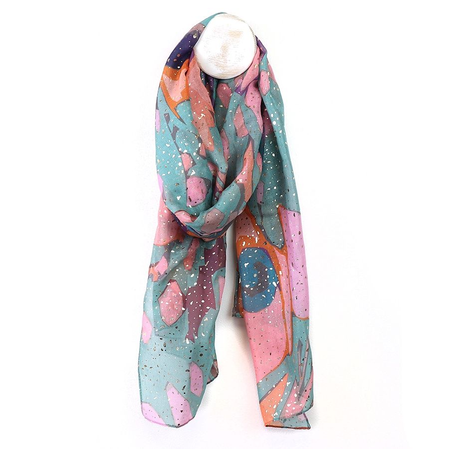 Blue and pink abstract butterfly wing metallic recycled blend scarf