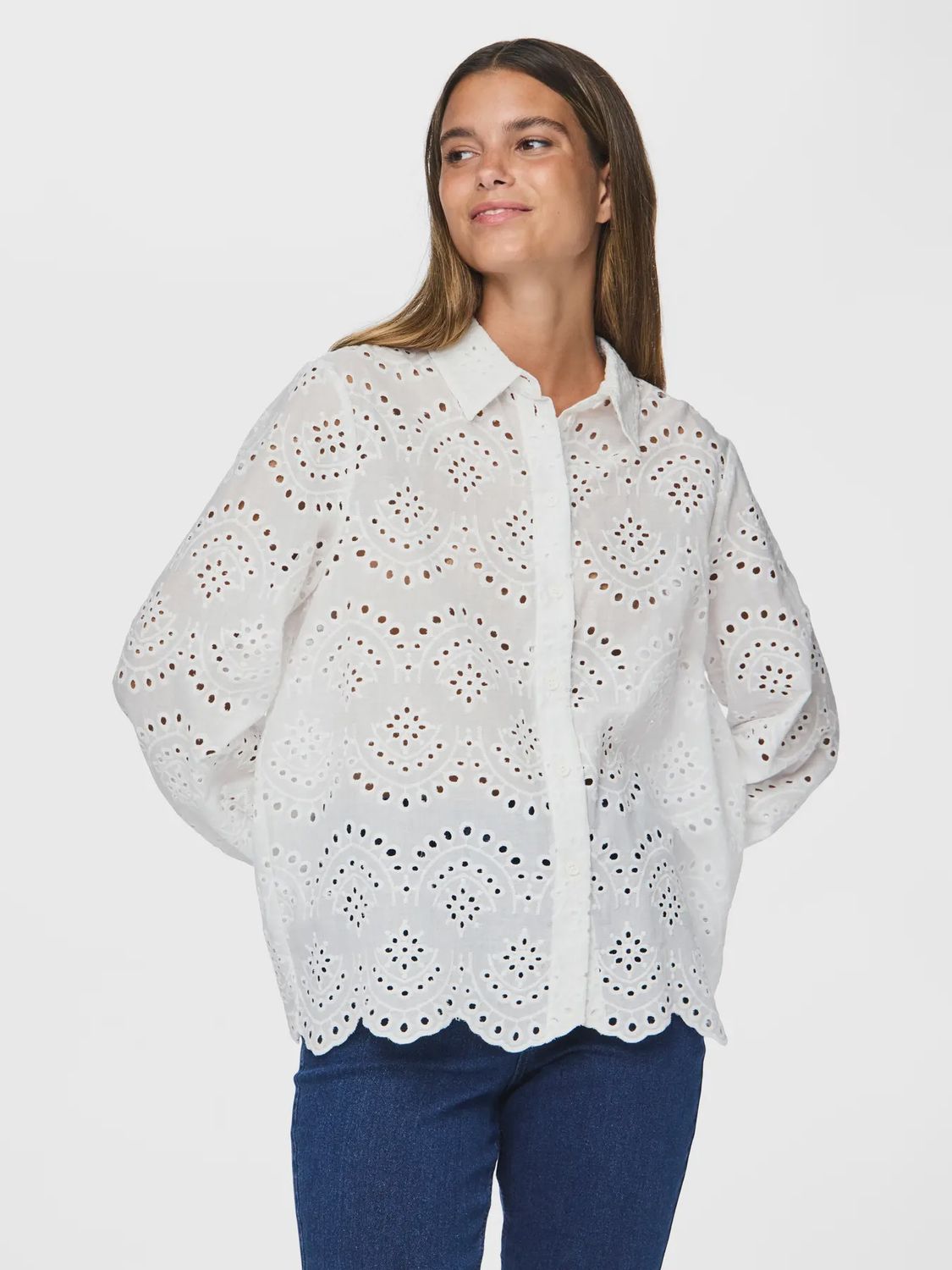 PCVILDE Long Sleeve Broderie Anglaise, Size: XS, Colour: Bright White
