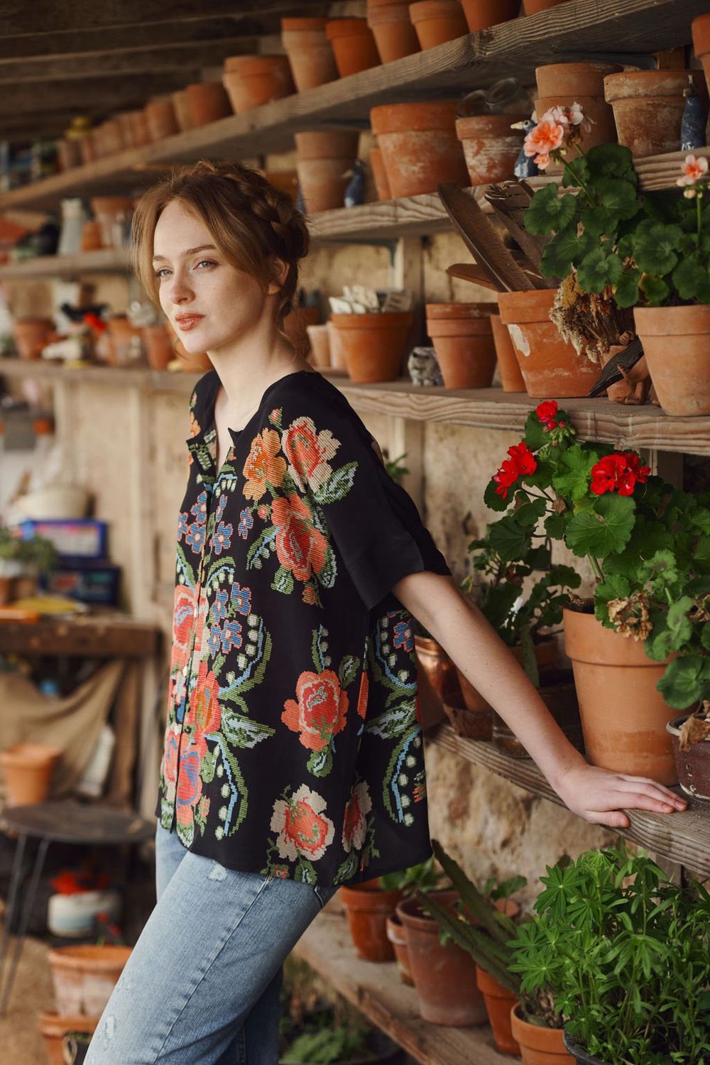 Woven Flower Tea Blouse