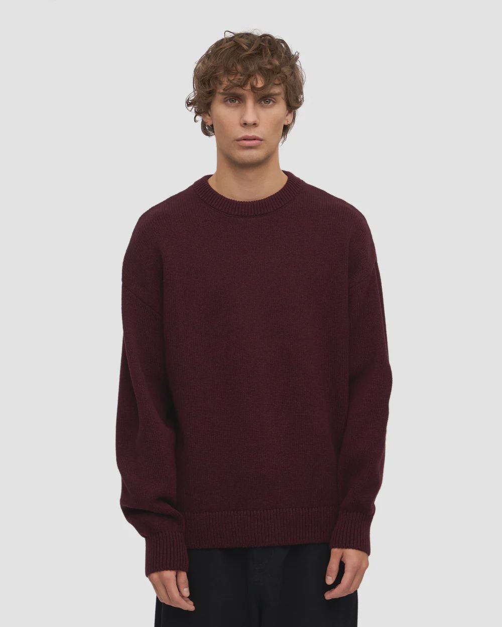 Oversized Merino Wool Crew, Colour: Oxblood Red, Size: XS