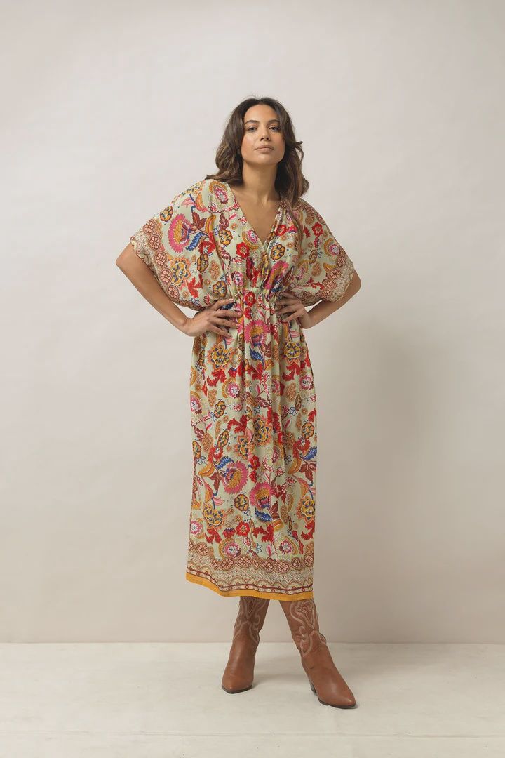 String Dress Indian Flower Taupe