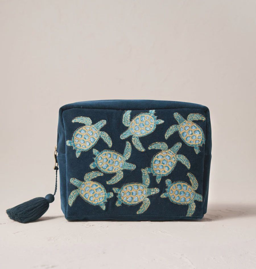 Turtle Conservation Marine Navy Velvet Wash Bag
