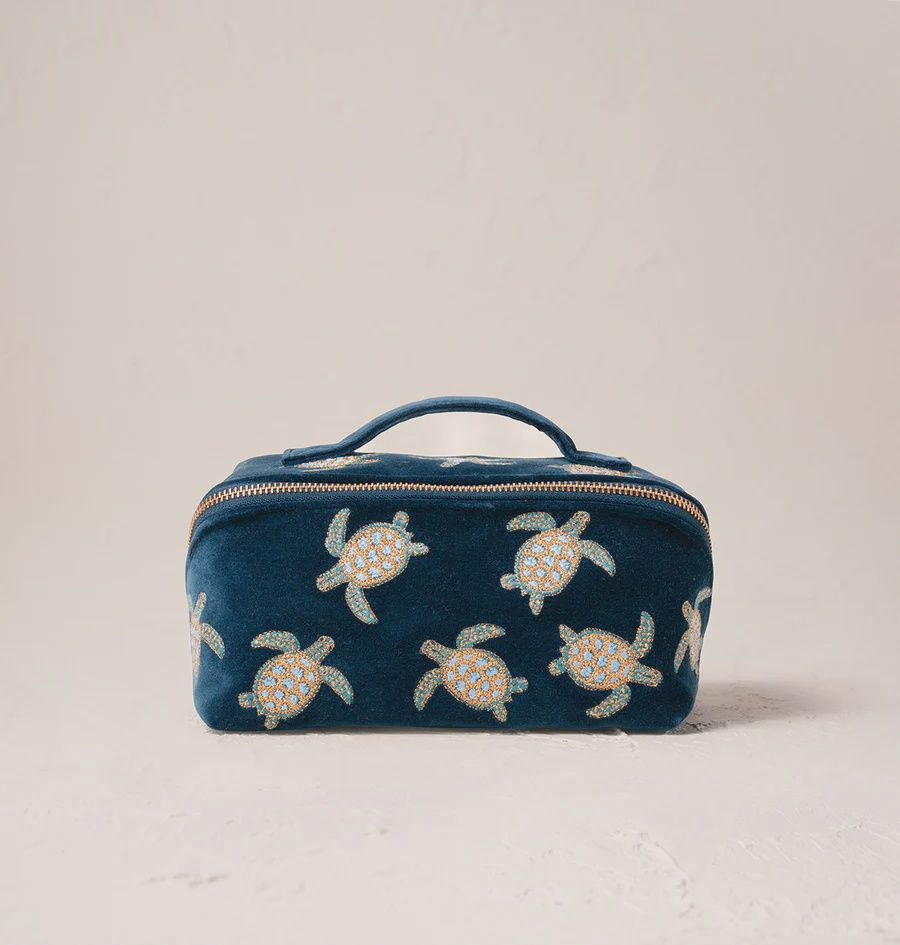 Turtle conservation Marine Navy Velvet Open Flat Makeup Bag