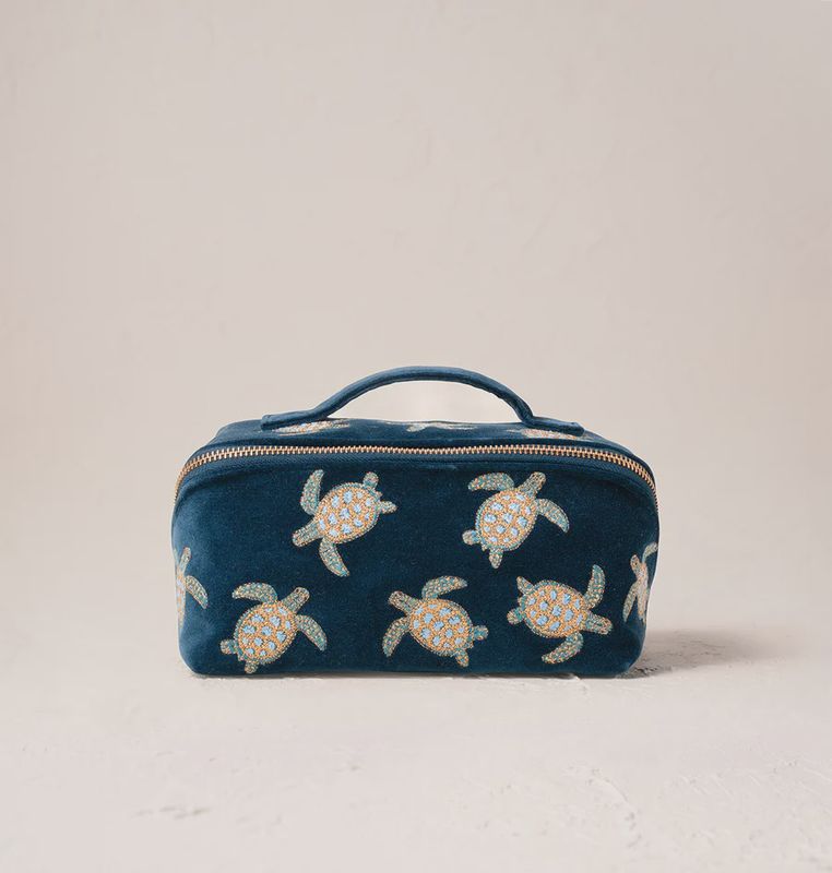 Turtle conservation Marine Navy Velvet Open Flat Makeup Bag