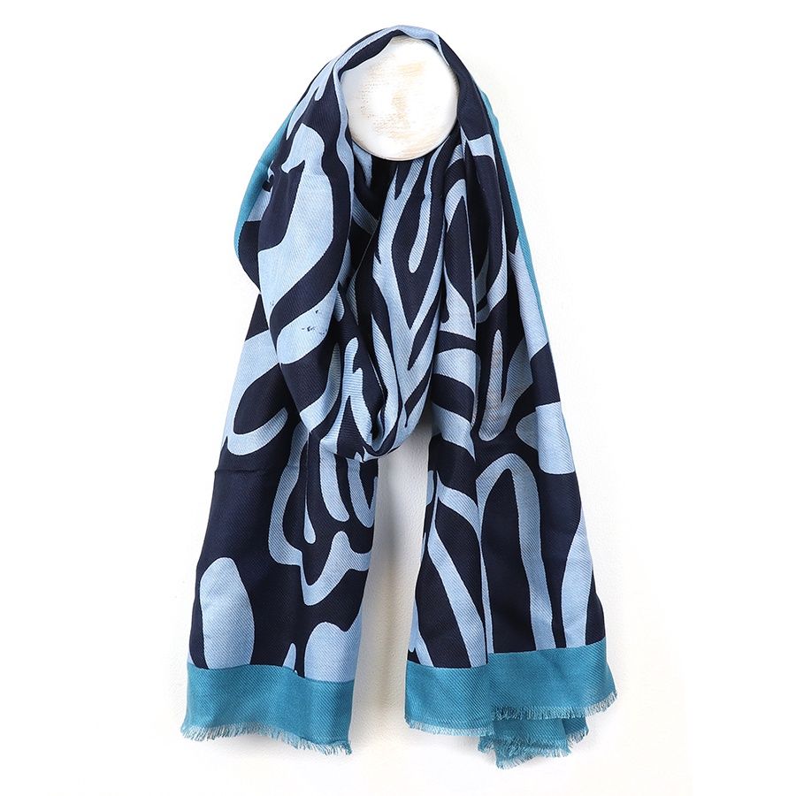 Blue mix abstract swirl print scarf with border