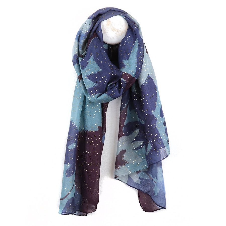 Recycled blend blue mix abstract leaf and metallic scarf