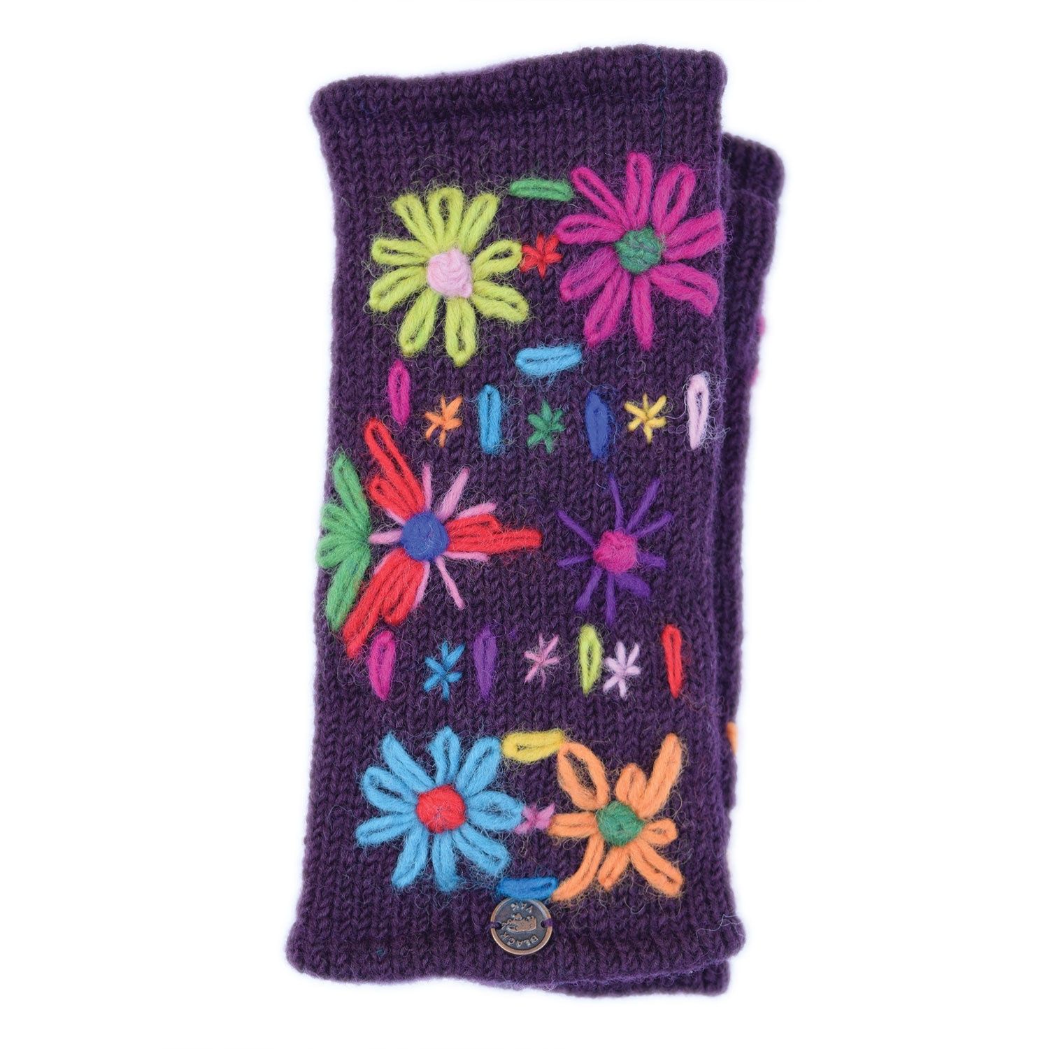 Pure Wool Embroidered Flower Wristwarmers, Colour: Aubergine