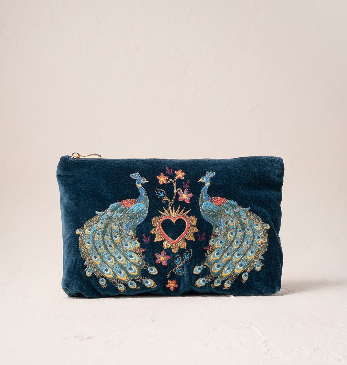 Peacock Floral Ink Blue Velvet Everyday Pouch