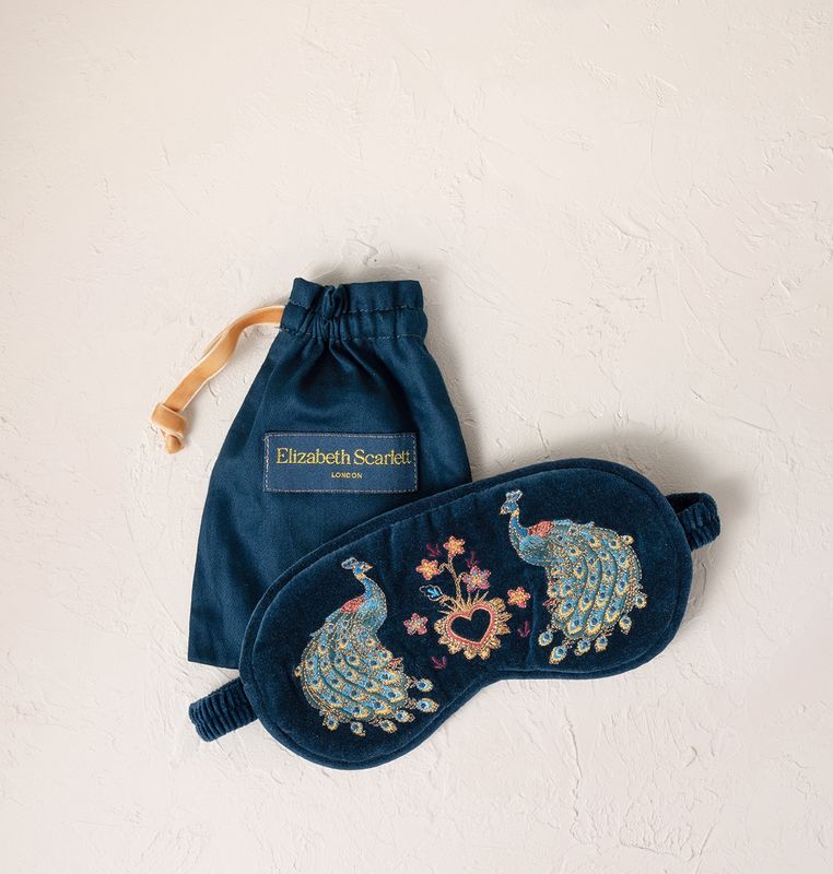 Peacock Floral Ink Blue Velvet Eye Mask