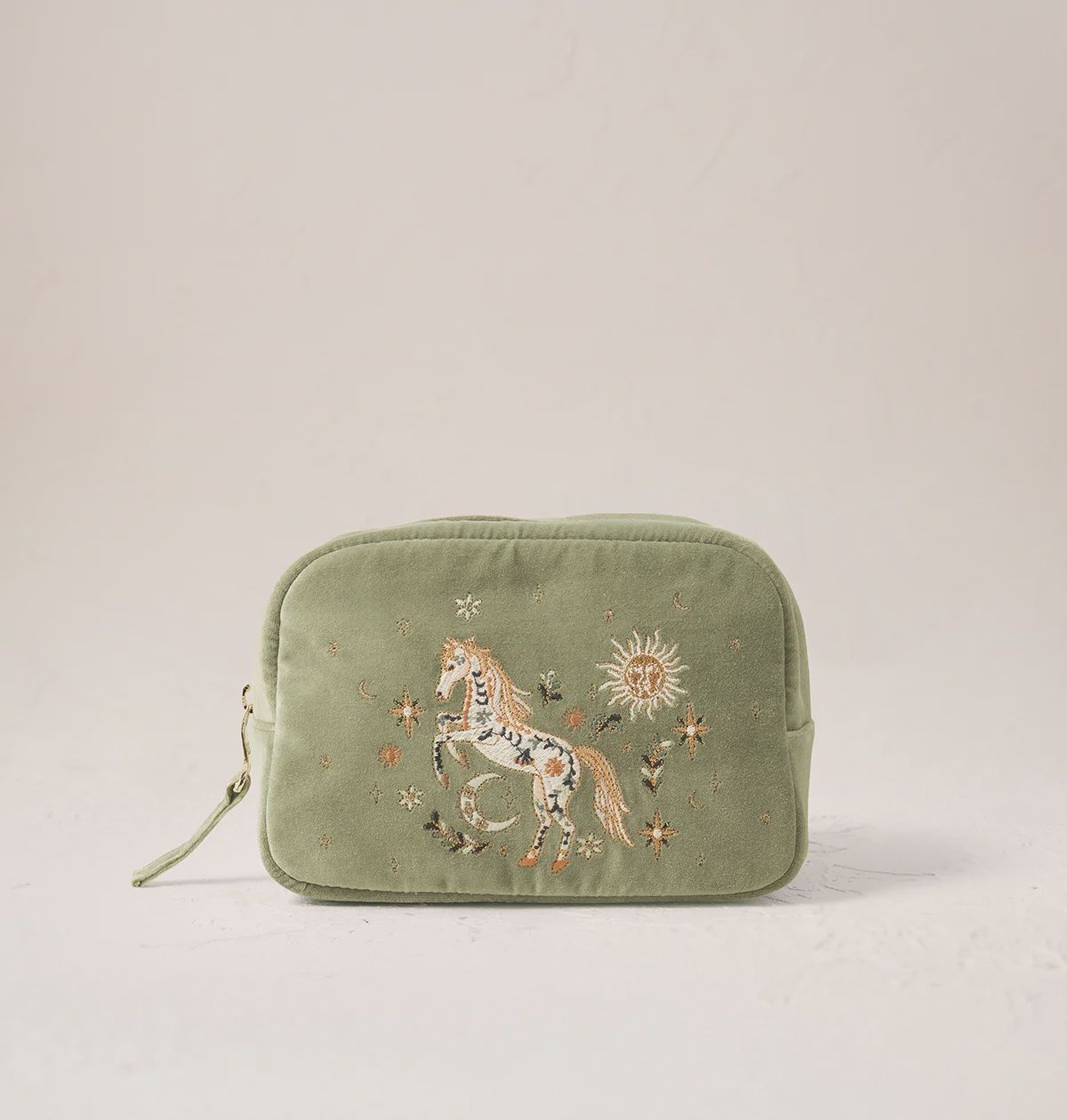 Mystical Horse Velvet Makeup Bag - Olive