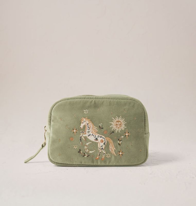 Mystical Horse Velvet Makeup Bag - Olive