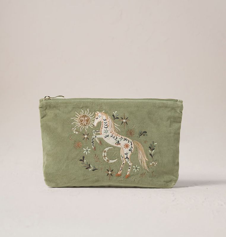 Mystical Horse Velvet Everyday Pouch - Olive