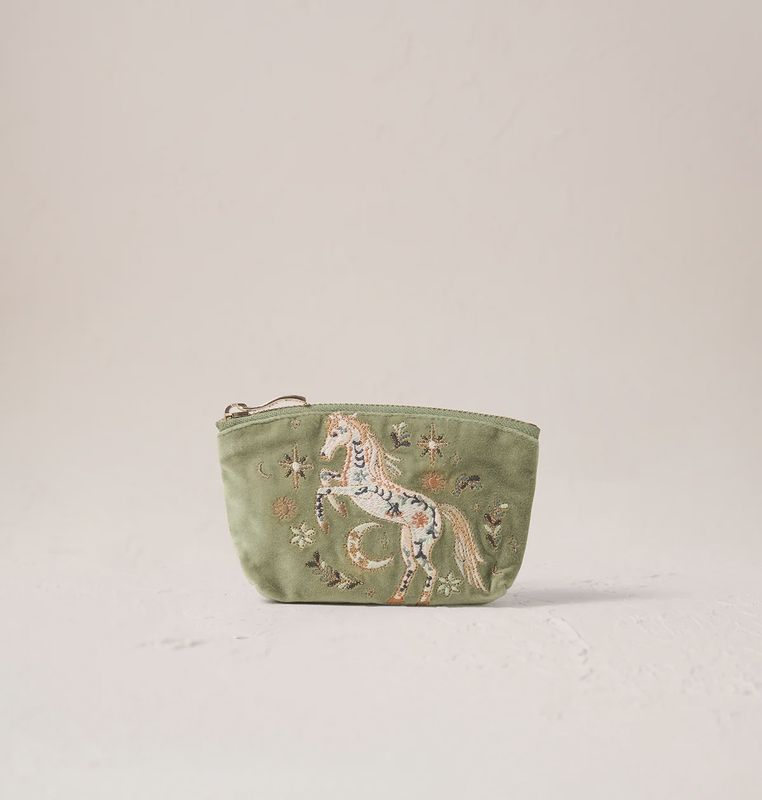 Mystical Horse Velvet Coin Purse - Olive