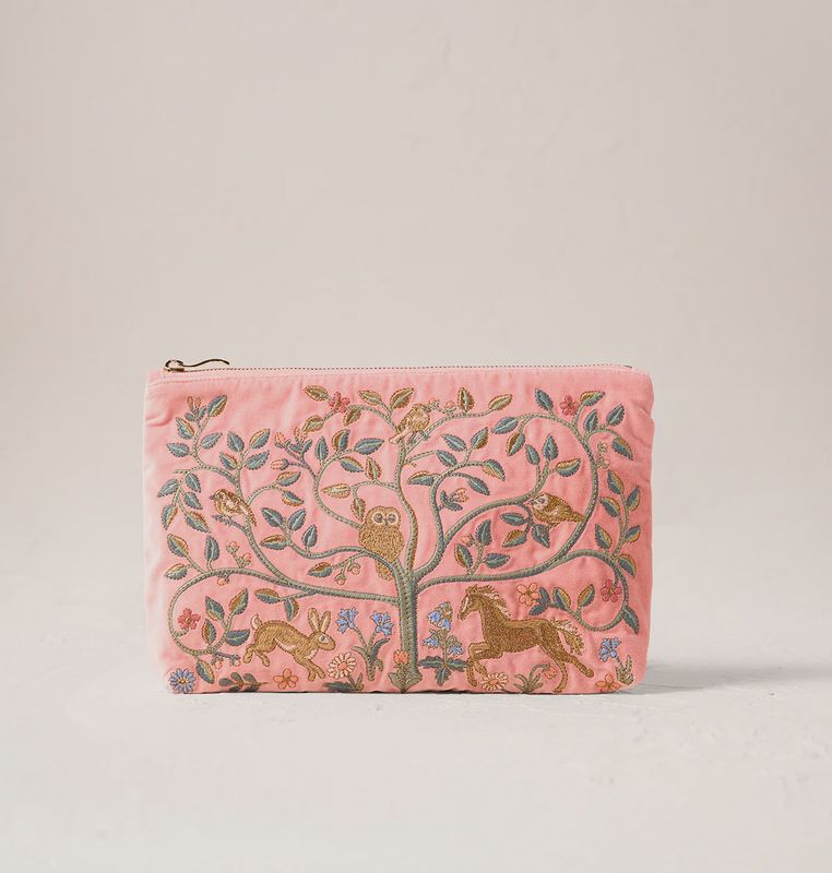 Tree of Life Velvet Everyday Pouch - Blush Pink