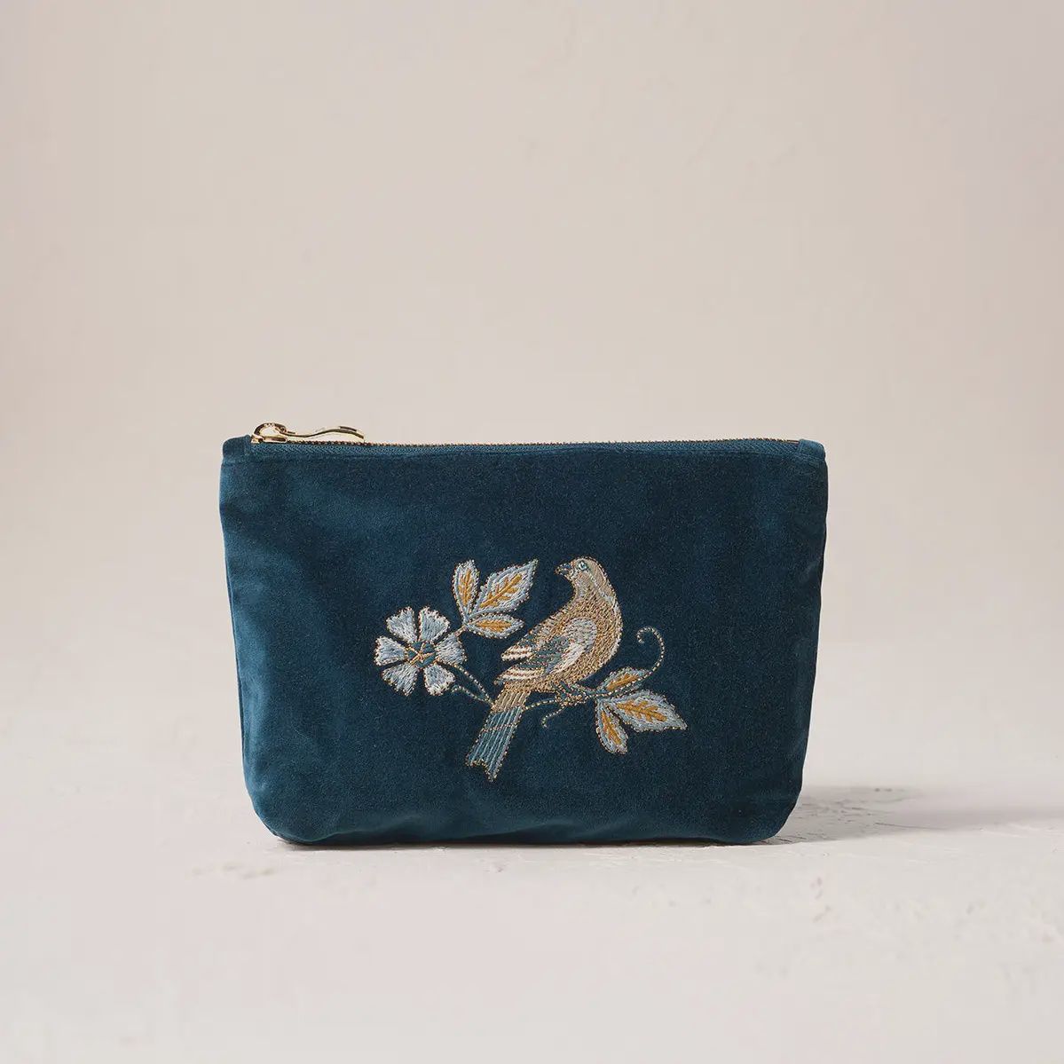 Botanical Birds Velvet Mini Pouch - Ink Blue