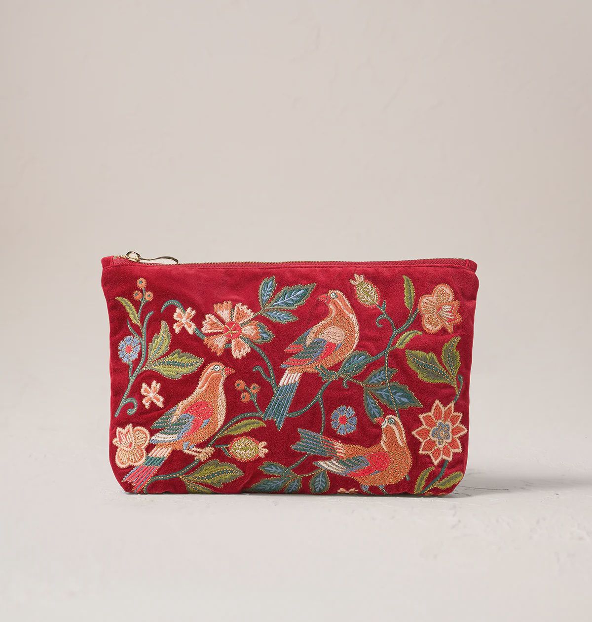 Botanical Birds Velvet Everyday Pouch - Rouge