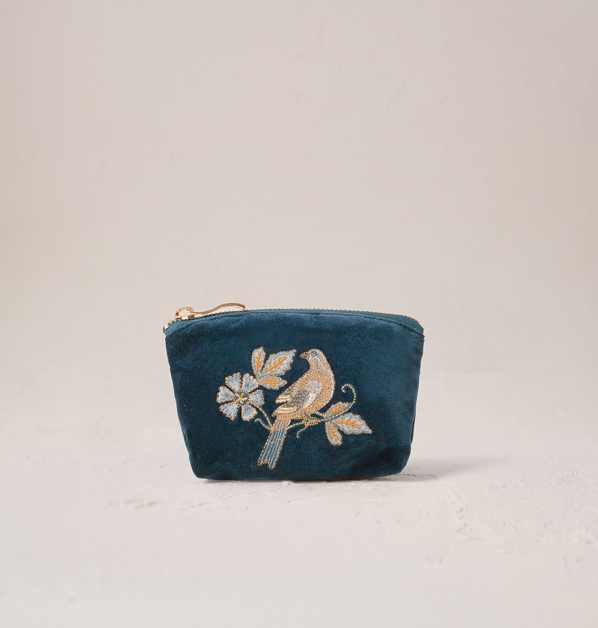 Botanical Birds Velvet Coin Purse - Ink Blue
