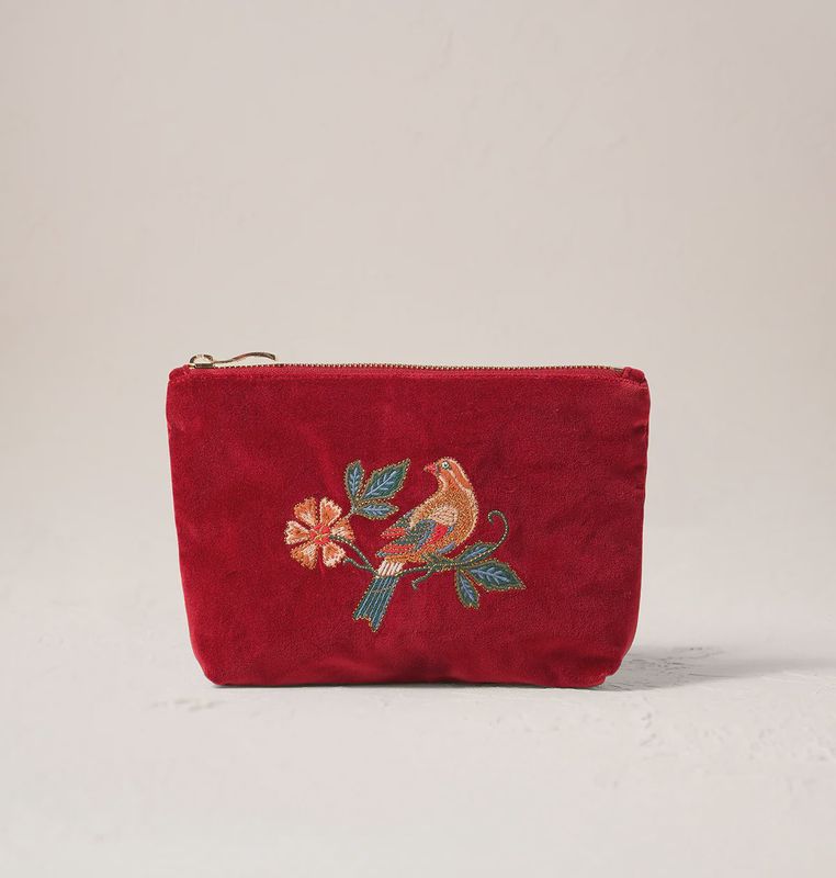 Botanical Birds Velvet Mini Pouch - Rouge