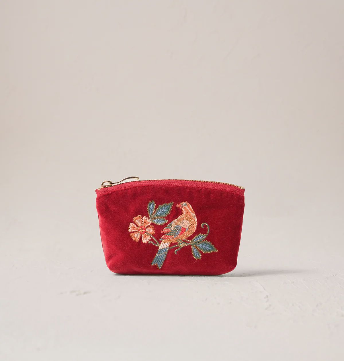 Botanical Birds Velvet Coin Purse - Rouge