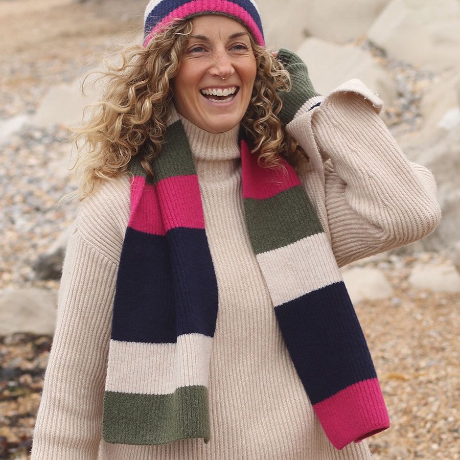 Pink, khaki, navy mix recycled blend stripe scarf