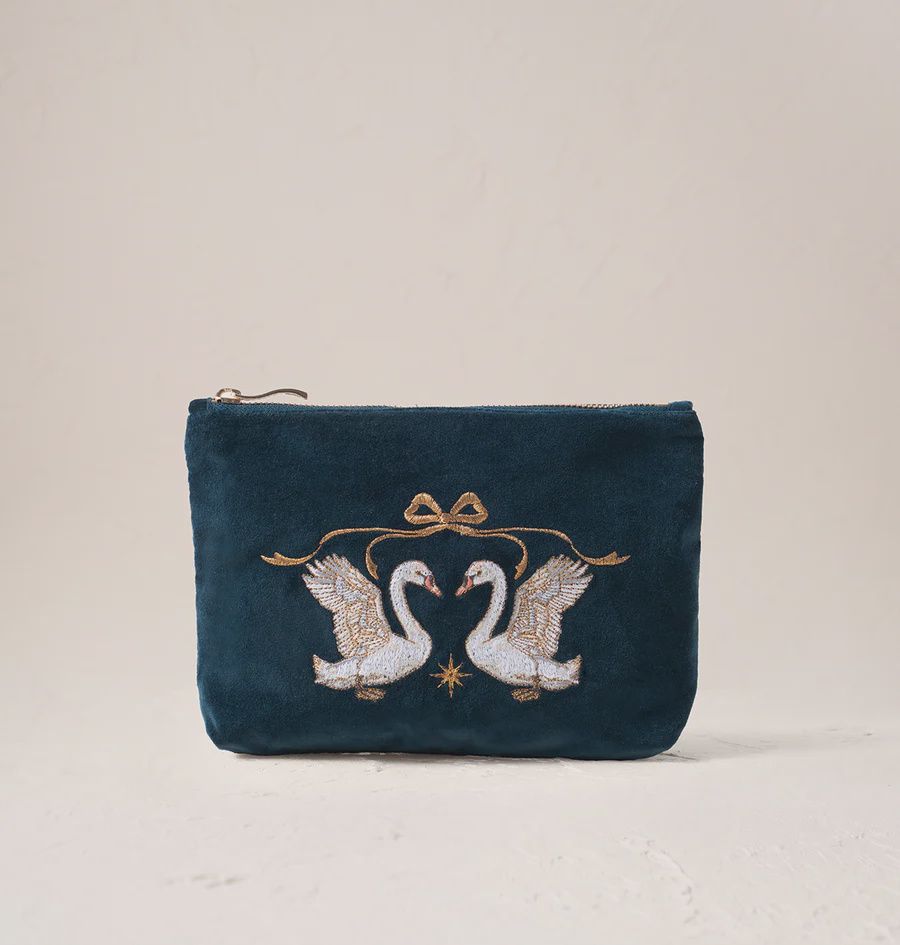 Majestic Swan Velvet Mini Pouch Ink Blue