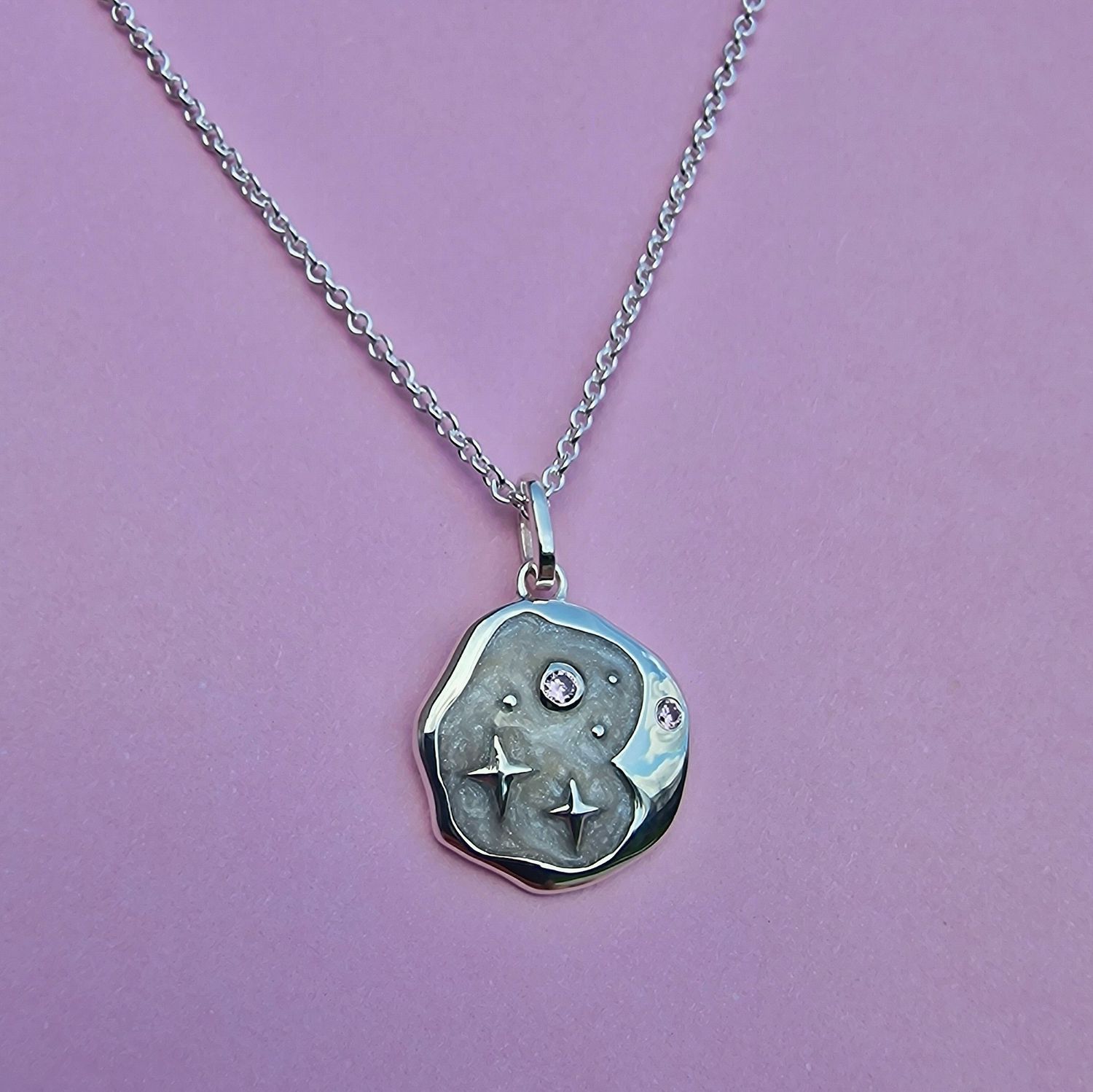 PINK OPAL AND PEARL ENAMEL STARRY NIGHT NECKLACE / Congo, Colour: Silver
