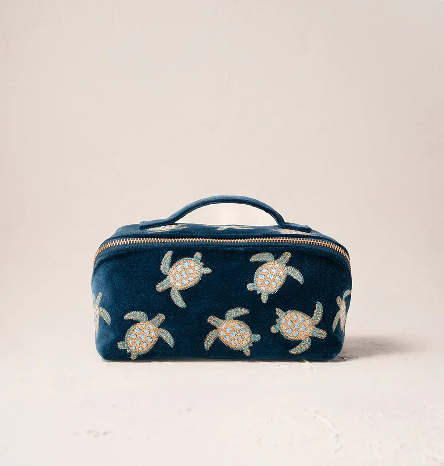 Turtle conservation Marine Navy Velvet Open Flat Makeup Bag