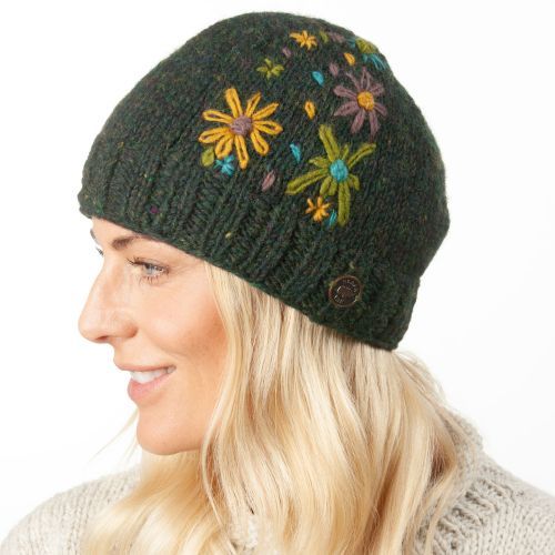 Pure Wool Embroidered Beanie, Colour: Pine heather