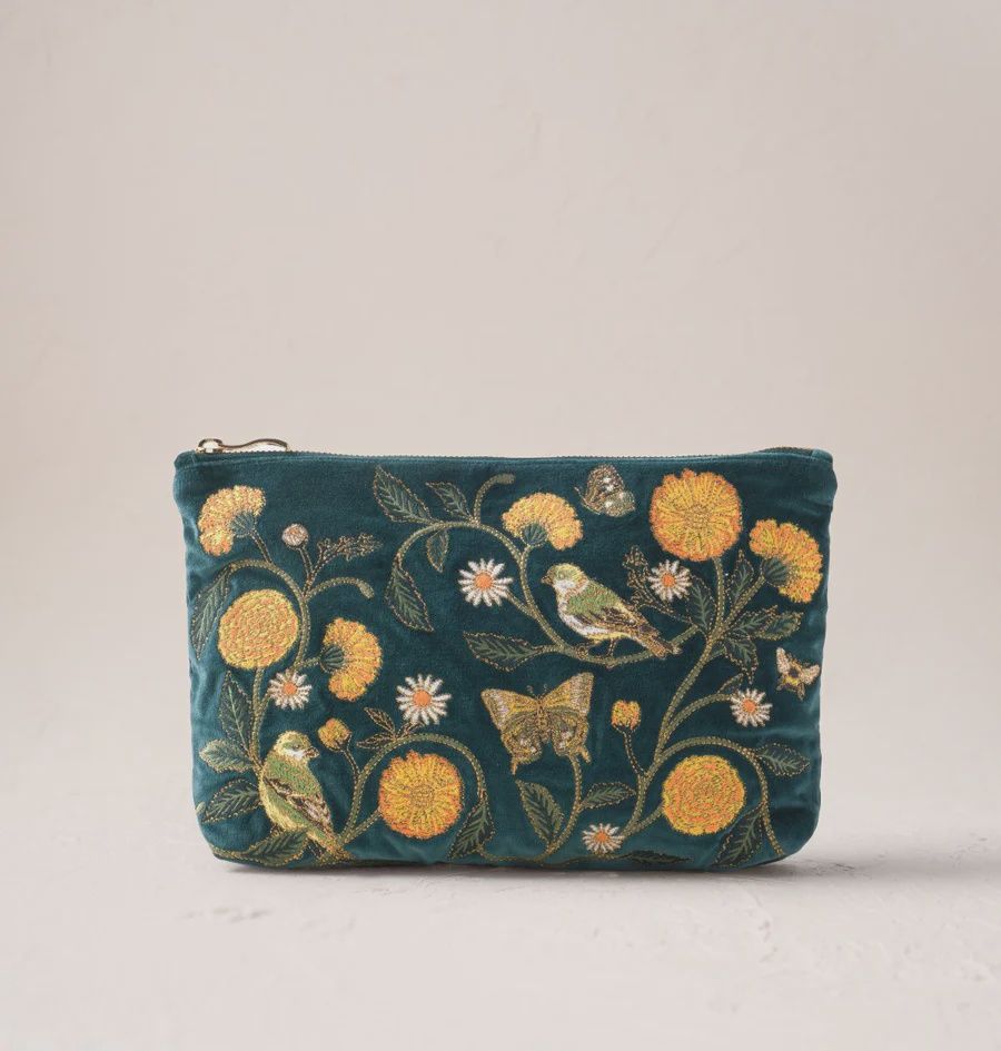 Wild Garden Velvet Everyday Pouch Emerald