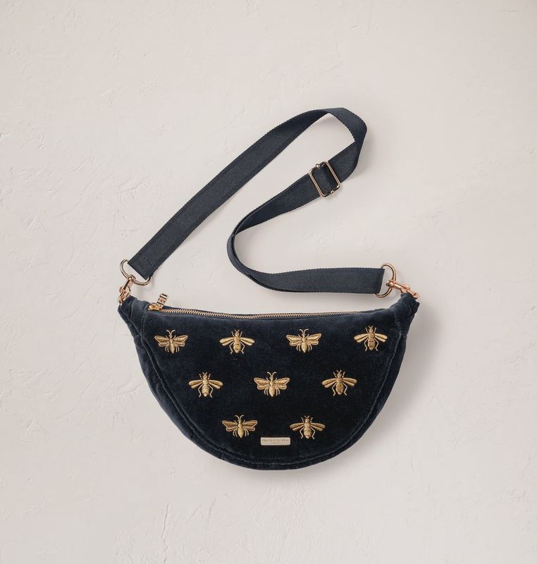 Honey Bee Velvet Crossbody Sling Bag - Charcoal