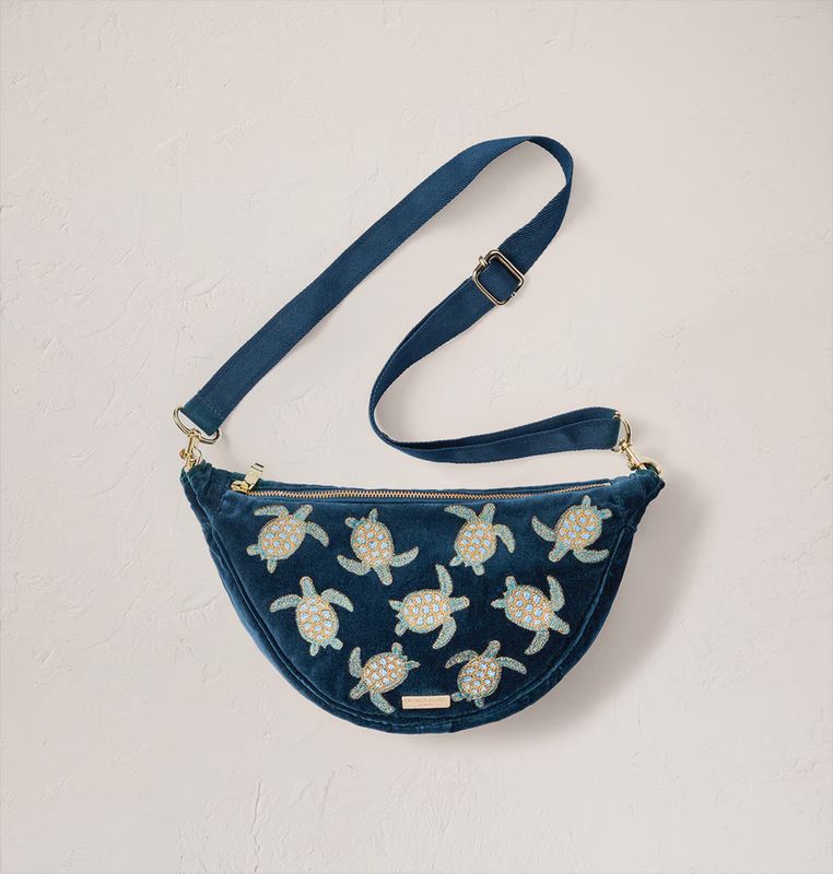 Turtle Conservation Velvet Crossbody Sling Bag - Marine Navy