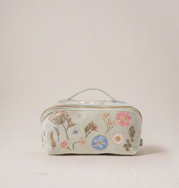Pressed Flowers Velvet Open Flat Makeup Bag - Sage