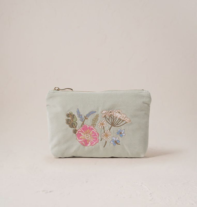 Pressed Flowers Velvet Mini Pouch - Sage