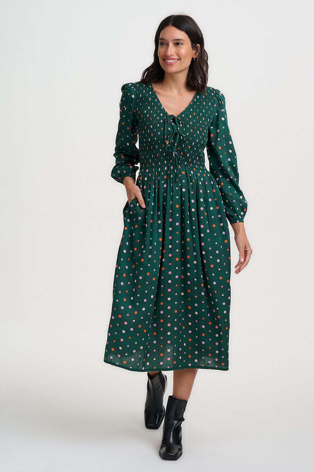 KASIA SHIRRED MIDI DRESS Green