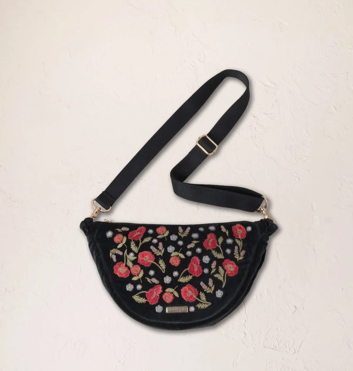 Poppy Meadow Velvet Crossbody Sling Bag - Charcoal