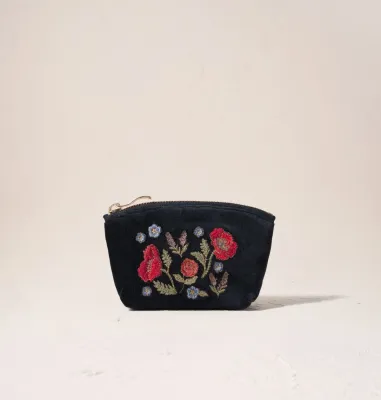 Poppy Meadow Velvet Coin Purse - Charcoal