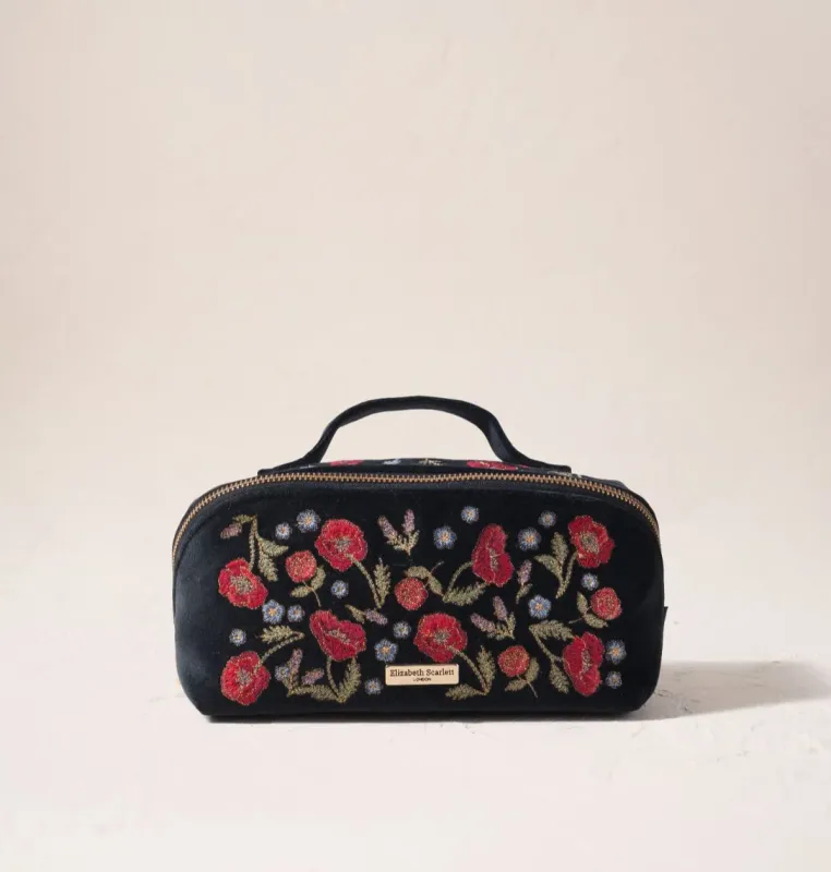 Poppy Meadow Velvet Open Flat Makeup Bag - Charcoal