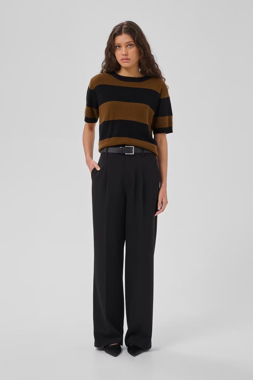 MWJola Knit Pullover SS - Bison W. Black Stripe - Brown