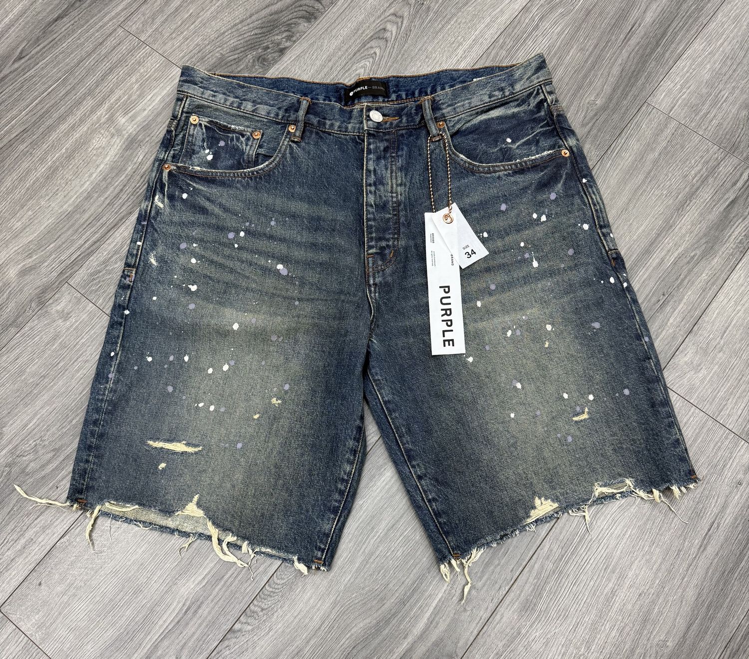 PURPLE BRAND DENIM SHORTS “PAINT SPLATTER”  (34W)  PRE-OWNED