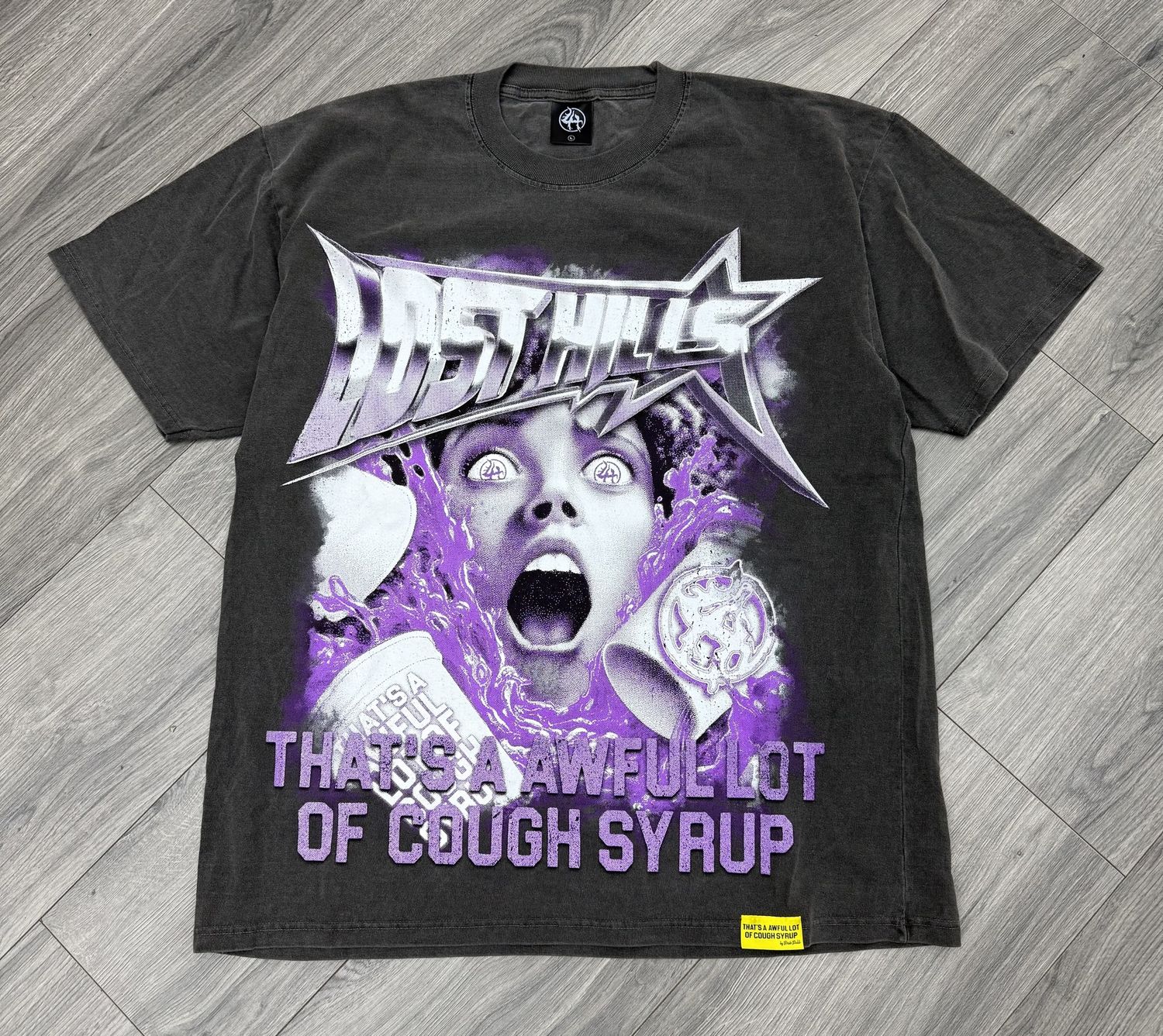 LOST HILLS x COUGH SYRUP TEE  “GREY/PURPLE”  (MEDIUM )  NEW