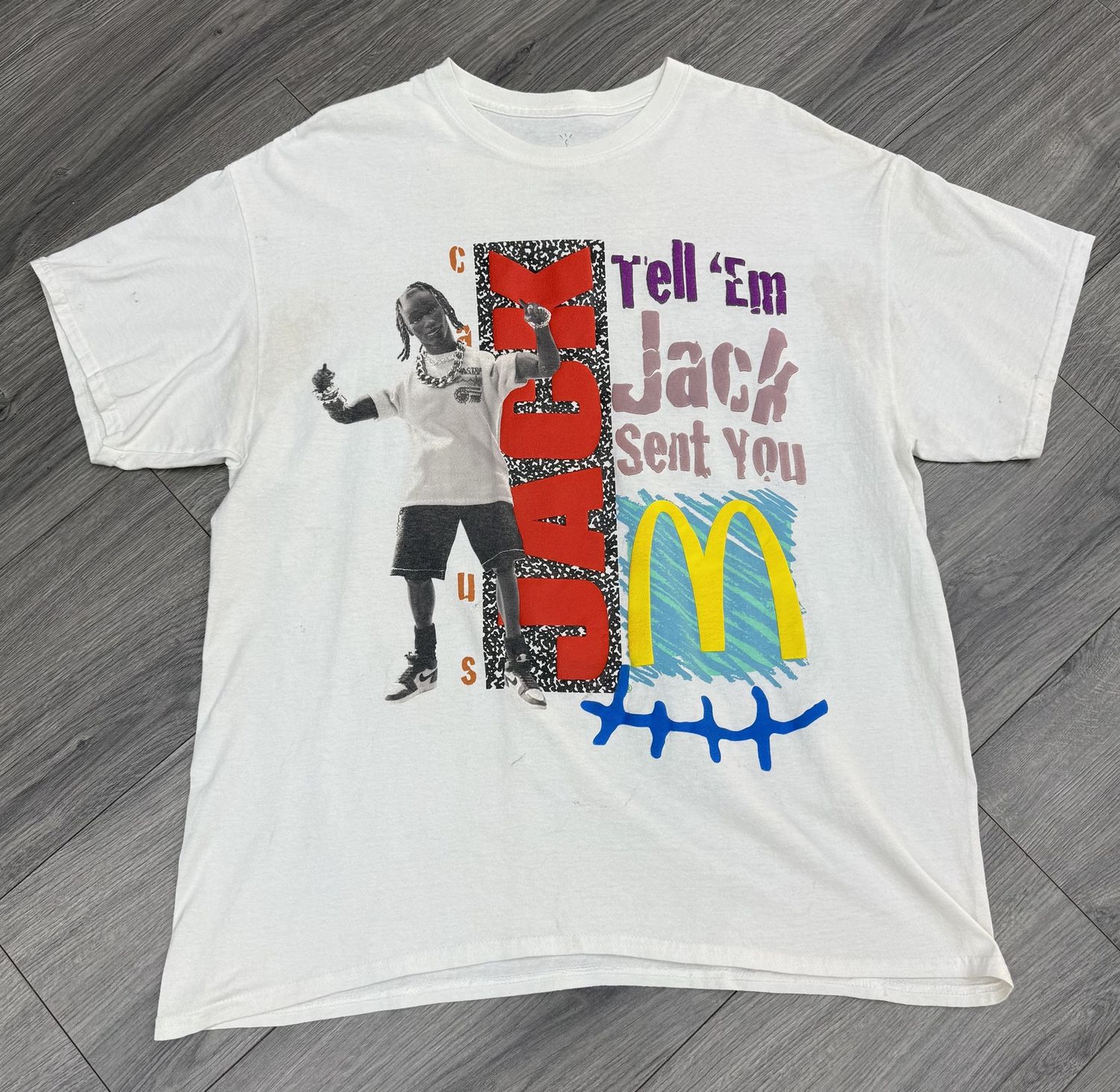 TRAVIS SCOTT TEE “WHT/McDONALDS”  (LARGE)  PRE-OWNED