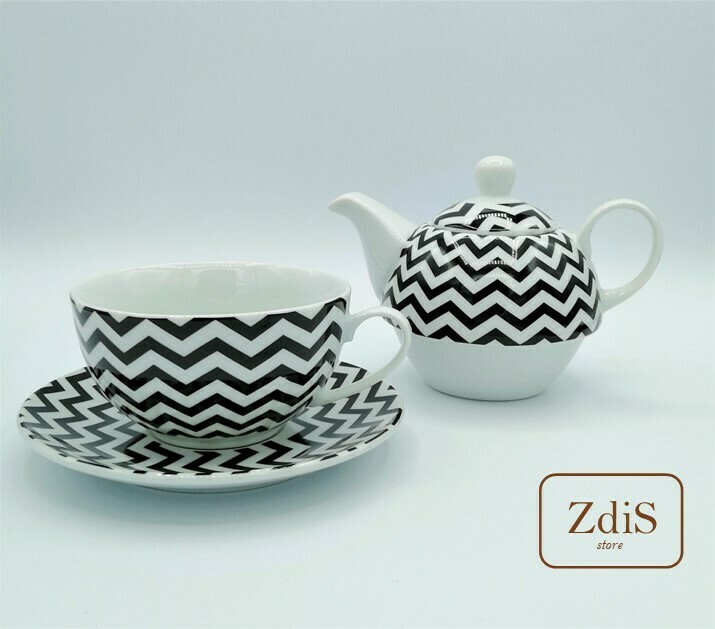 Set teiera zigzag con tazza e piattino in porcellana