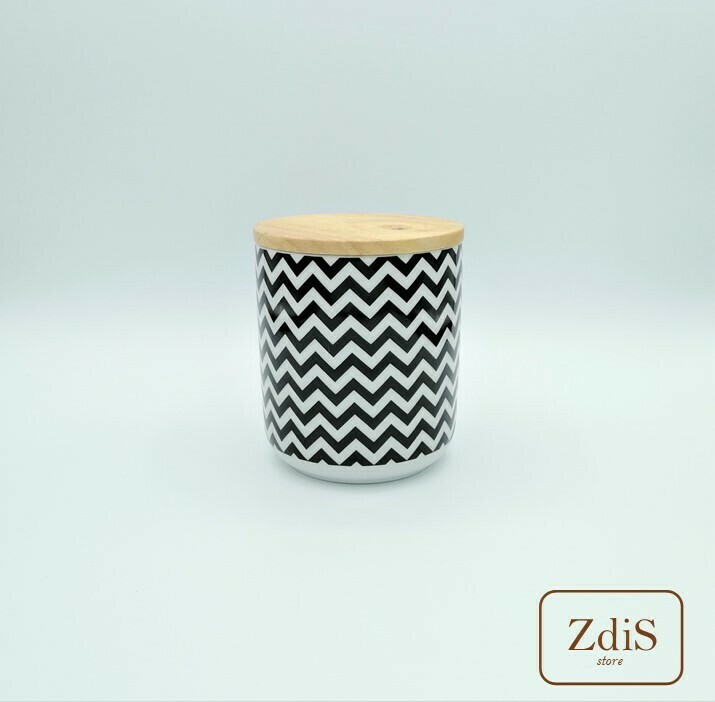 Contenitore in ceramica decori a zigzag con coperchio in bambù