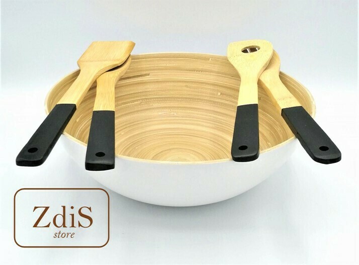 Insalatiera in bambù/bianco 30 cm con set di mestoli