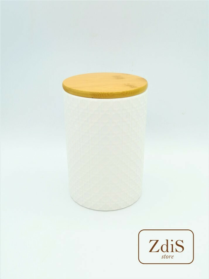 Contenitore in ceramica bianco con coperchio in bambù superficie a rilievo stella