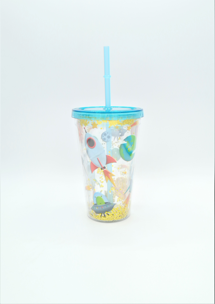 &quot;Space&quot; Bicchiere in Plastica con coperchio e cannuccia