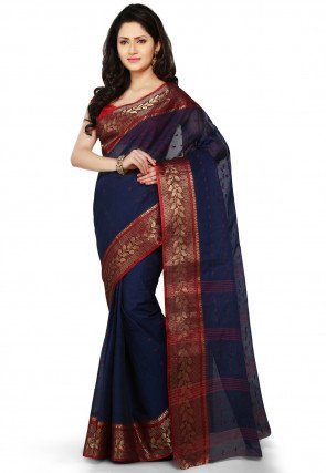 Handloom Tant Cotton Saree in Navy Blue