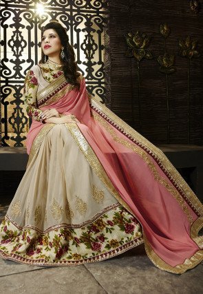 Half N Half Georgette Saree in Peach and Beige