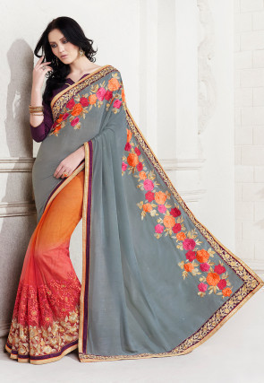 Half N Half Satin Chiffon Saree in Grey and Orange